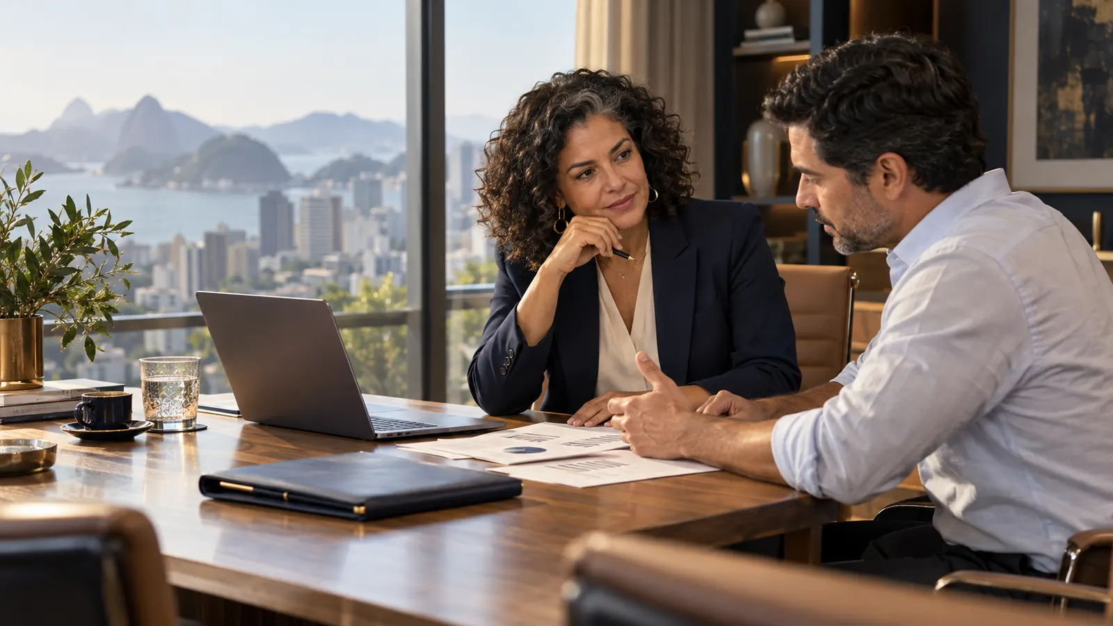 Consultora e empresário analisando documentos em uma mesa de reunião